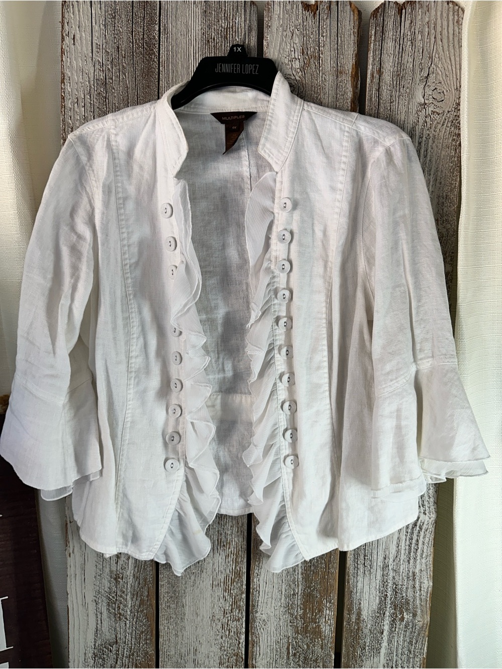 Multiples White Ruffled Button-Front Linen Shirt